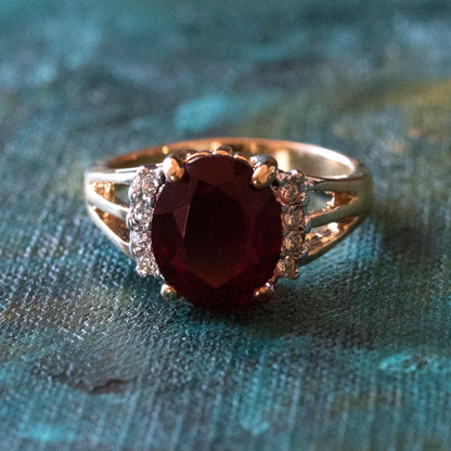 Vintage 1980s Garnet Cubic Zirconia Ring - 18k Yellow Gold Electroplated - Made in USA jewelry image 1