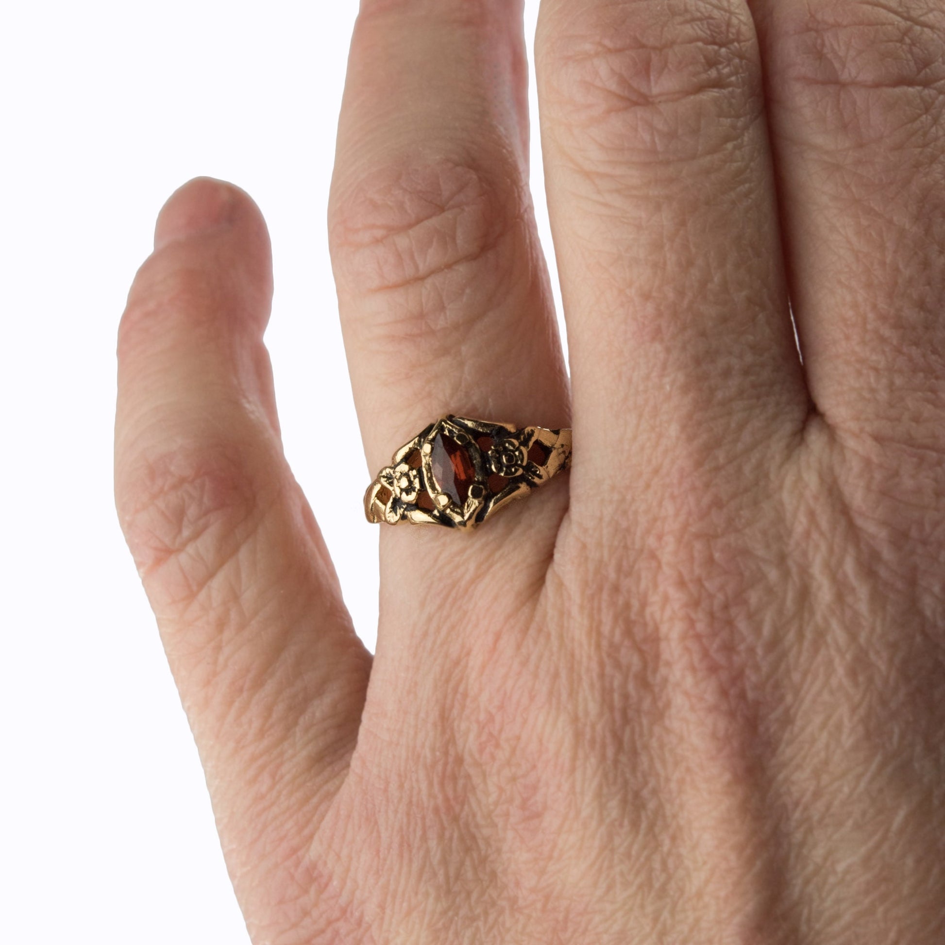 Vintage Siam Red Marquise Crystal Ring - 18k Gold Electroplated Antiqued Floral Design - Made in USA jewelry image 1