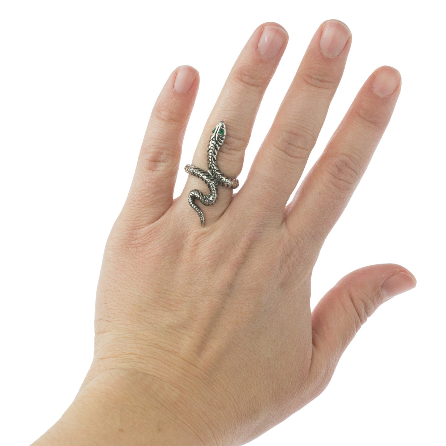 Vintage Snake Ring with Emerald Austrian Crystal Eyes – Antiqued 18k White Gold Electroplated jewelry image 1