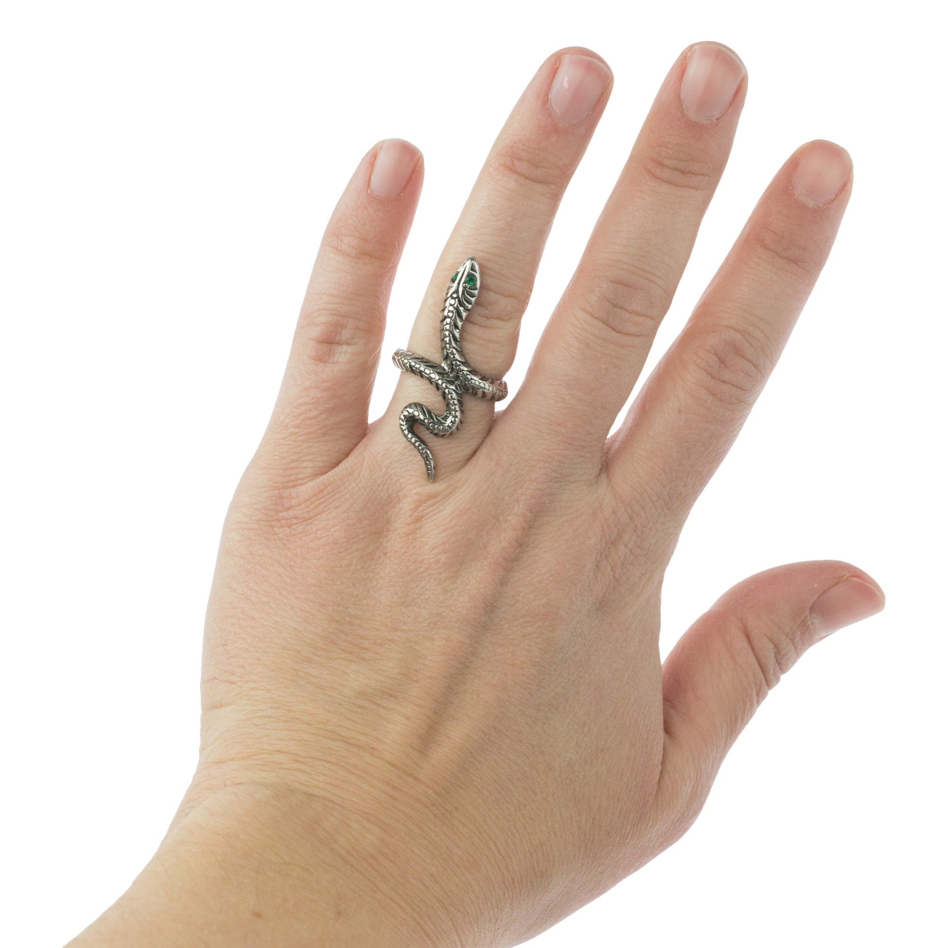 Vintage Snake Ring with Emerald Austrian Crystal Eyes – Antiqued 18k White Gold Electroplated jewelry image 1