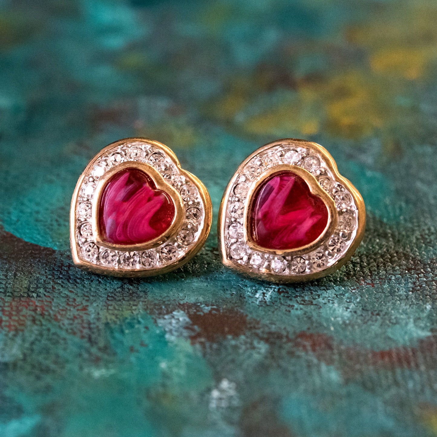 Vintage Red Cabochon Heart Clip Earrings with Clear Crystals - 18k Gold Electroplated jewelry image 1