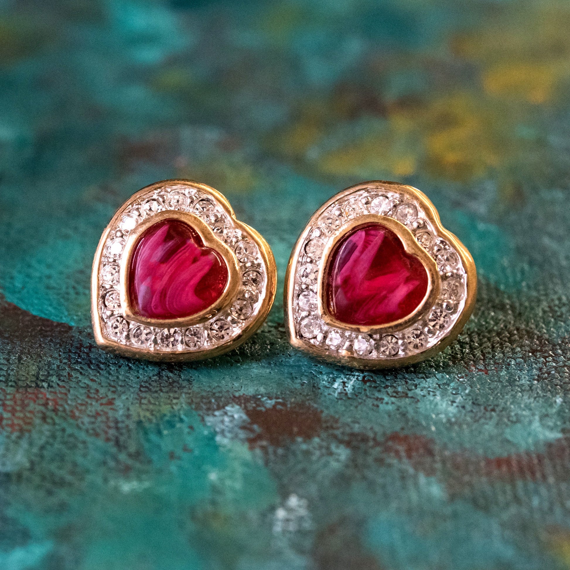 Vintage Red Cabochon Heart Clip Earrings with Clear Crystals - 18k Gold Electroplated jewelry image 1