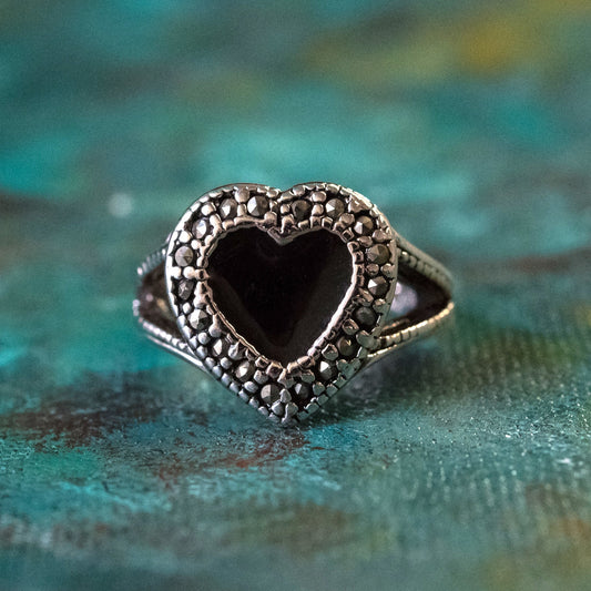 Vintage Black Enamel and Marcasite Heart Ring - 18k White Gold Electroplated - Made in USA jewelry image 1