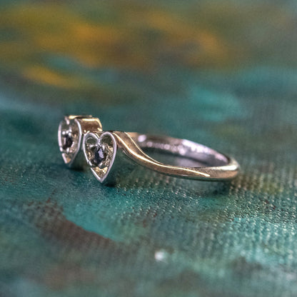 Vintage 1980s double heart ring with two round genuine sapphires in 18K white gold electroplated setting