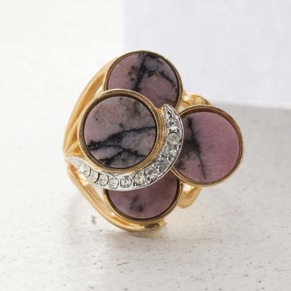 Vintage Genuine Pink Onyx Cocktail Ring – 18k Yellow Gold Electroplated Setting with Austrian Crystals jewelry image 1