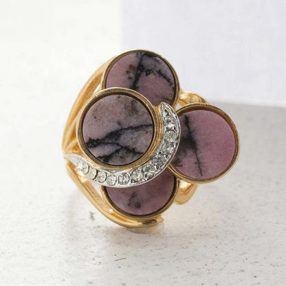 Vintage Genuine Pink Onyx Cocktail Ring – 18k Yellow Gold Electroplated Setting with Austrian Crystals jewelry image 1