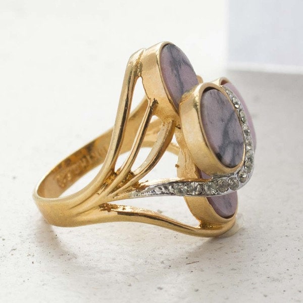 Vintage Genuine Pink Onyx Cocktail Ring – 18k Yellow Gold Electroplated Setting with Austrian Crystals jewelry image 1
