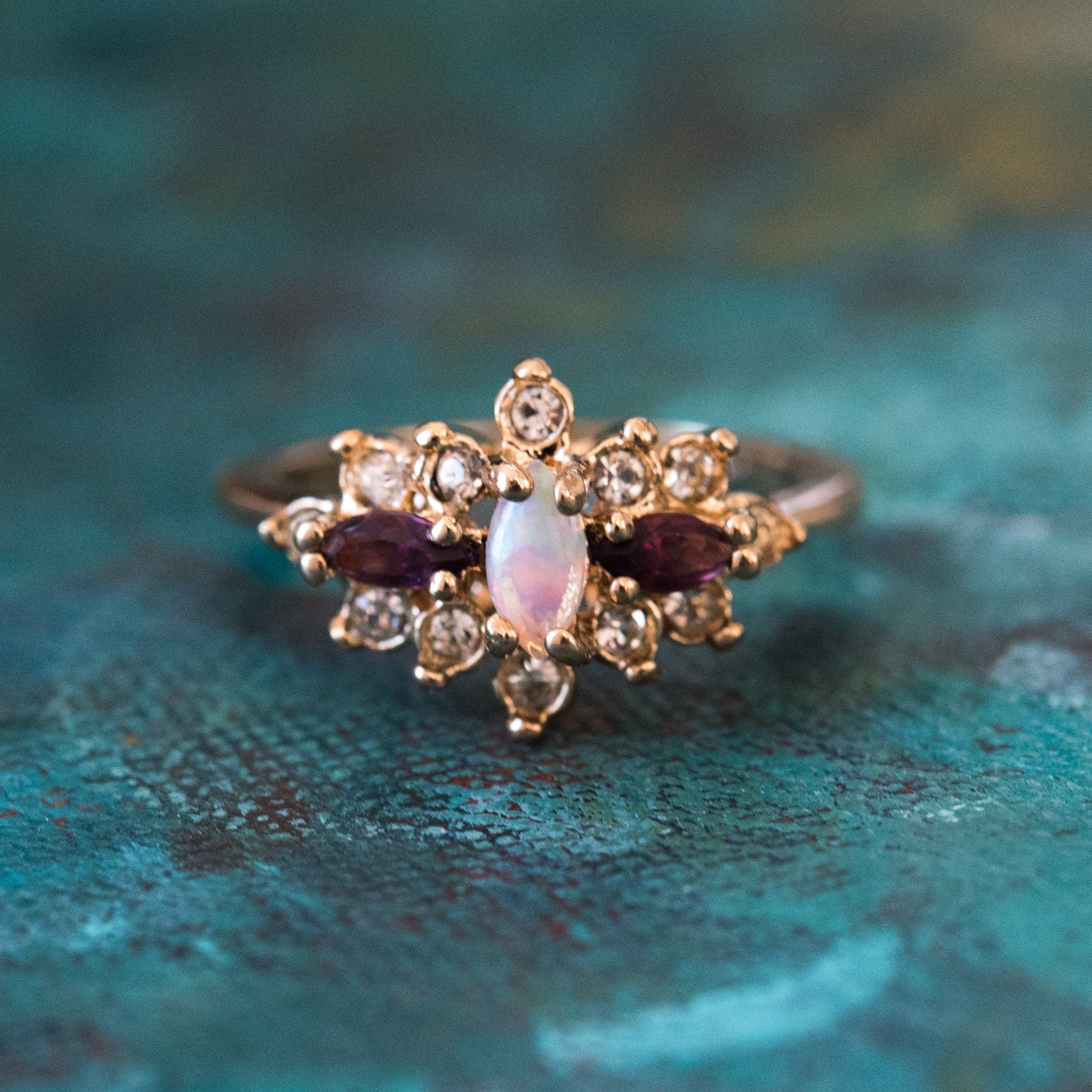 Vintage Victorian Style Genuine Opal and Amethyst Crystal Cluster Ring - 18k Yellow Gold Electroplated - Made in USA jewelry image 1
