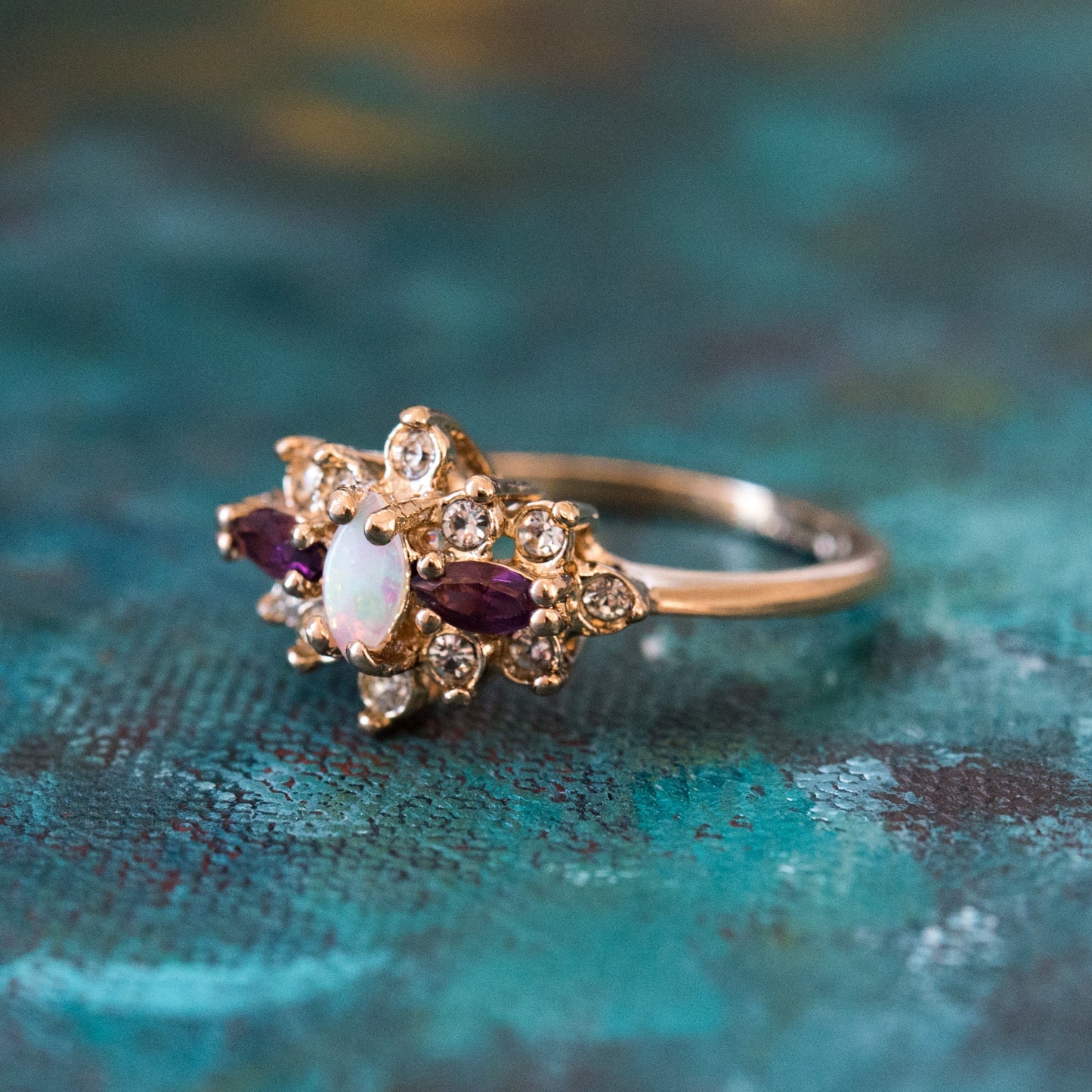Vintage Victorian Style Genuine Opal and Amethyst Crystal Cluster Ring - 18k Yellow Gold Electroplated - Made in USA jewelry image 1