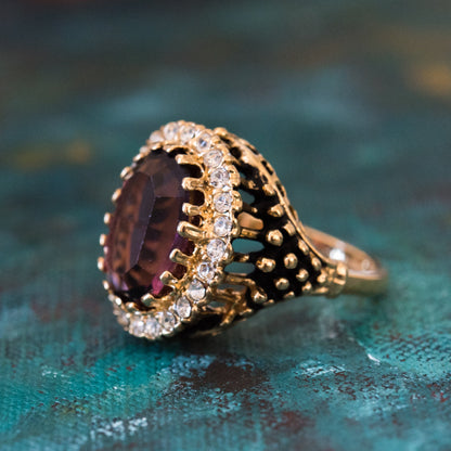 Vintage Amethyst and Clear Austrian Crystal 18k Gold Electroplated Cocktail Ring - Made in USA jewelry image 1