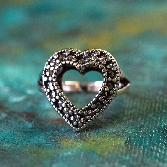 Vintage Genuine Marcasite Open Heart Ring - 18k White Gold Electroplated - Made in USA jewelry image 1