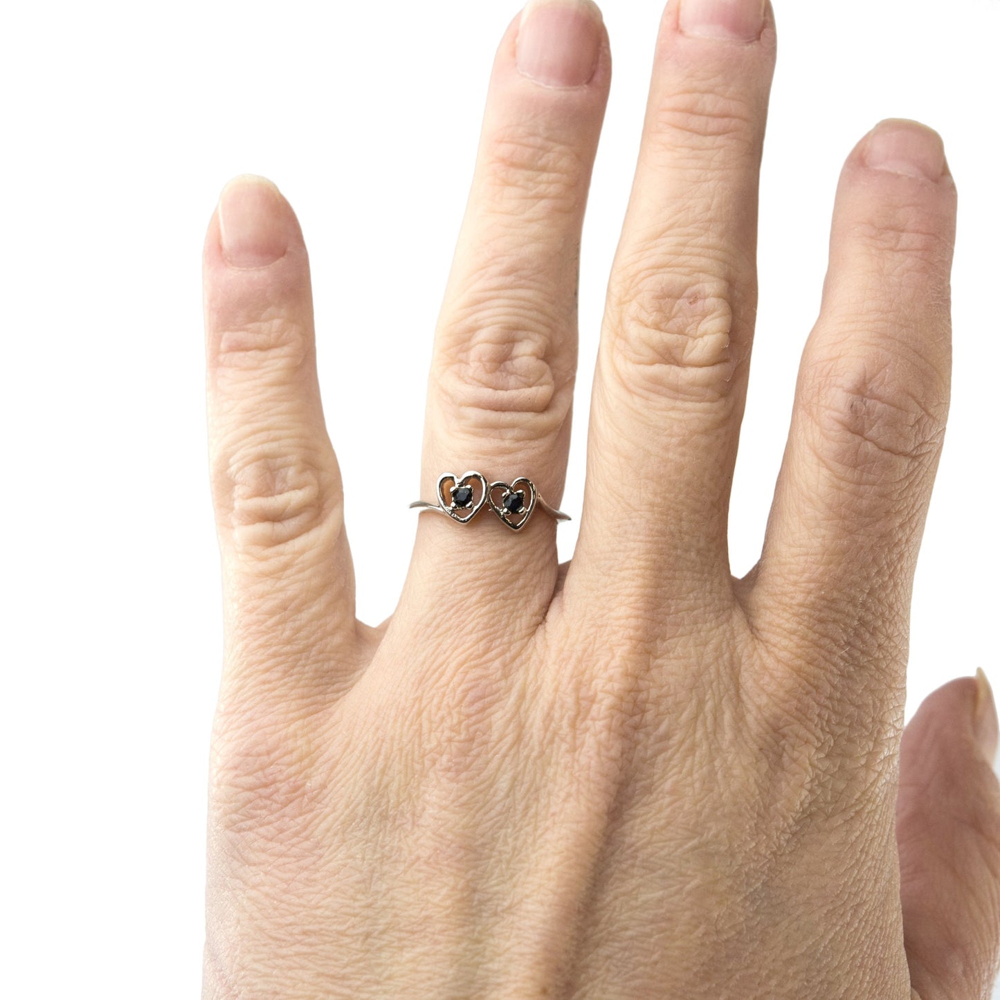 Vintage 1980s double heart ring with two round genuine sapphires in 18K white gold electroplated setting