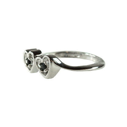 Vintage 1980s double heart ring with two round genuine sapphires in 18K white gold electroplated setting
