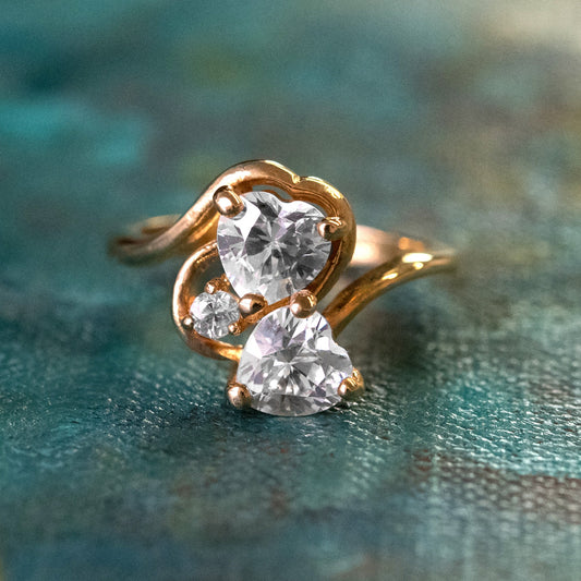 Vintage Cubic Zirconia Double Heart Ring – 18k Yellow Gold Electroplated – Made in USA jewelry image 1