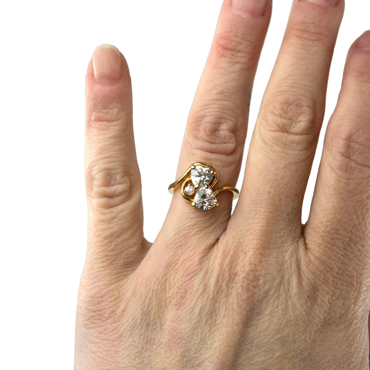 Vintage Cubic Zirconia Double Heart Ring – 18k Yellow Gold Electroplated – Made in USA jewelry image 1