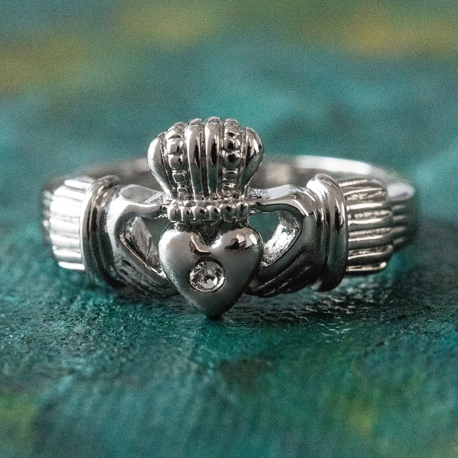 Vintage 1980s Clear Austrian Crystal Claddagh Ring - 18k White Gold Electroplated - Made in USA jewelry image 1
