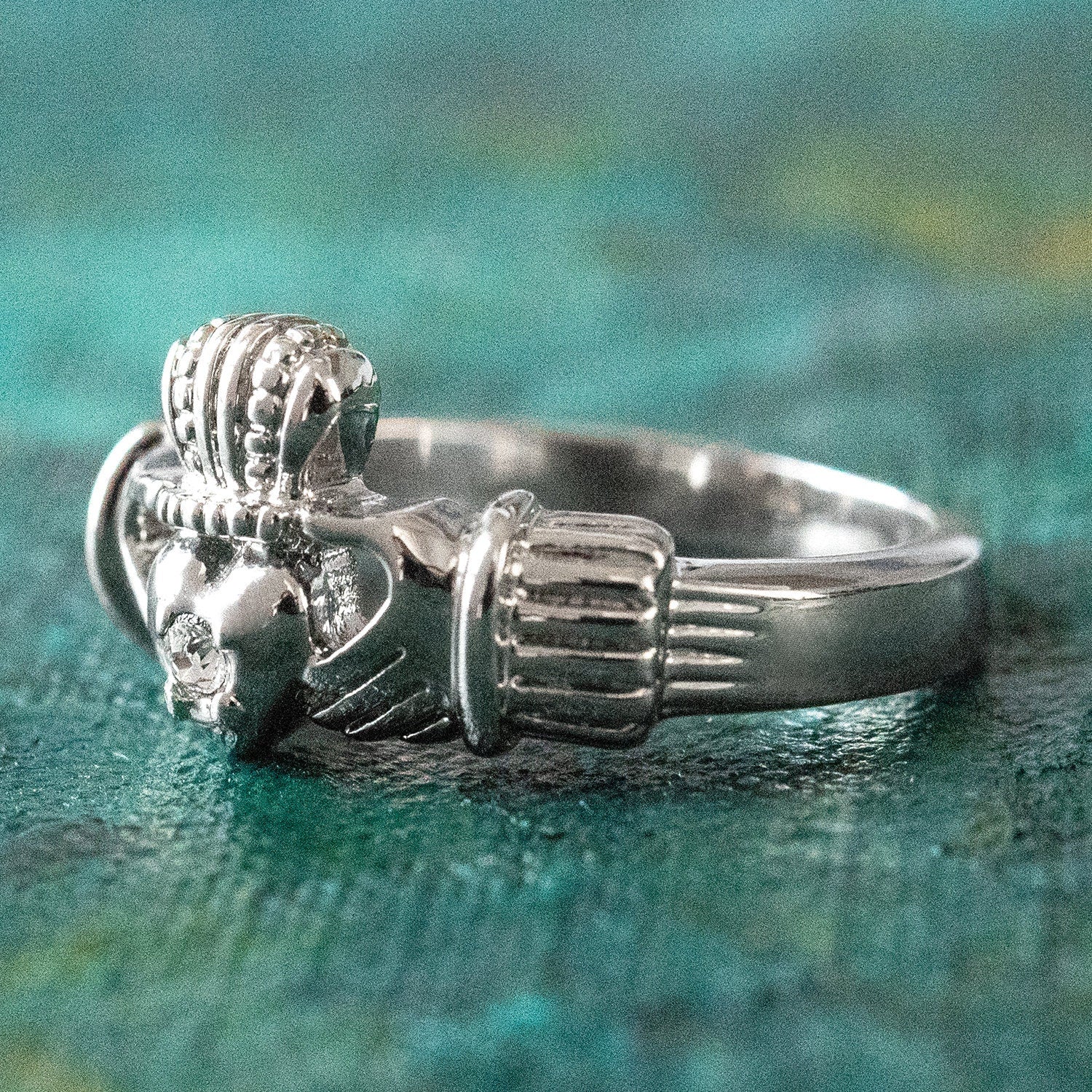 Vintage 1980s Clear Austrian Crystal Claddagh Ring - 18k White Gold Electroplated - Made in USA jewelry image 1
