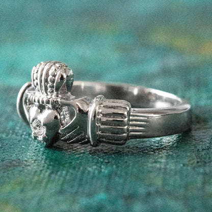 Vintage 1980s Clear Austrian Crystal Claddagh Ring - 18k White Gold Electroplated - Made in USA jewelry image 1