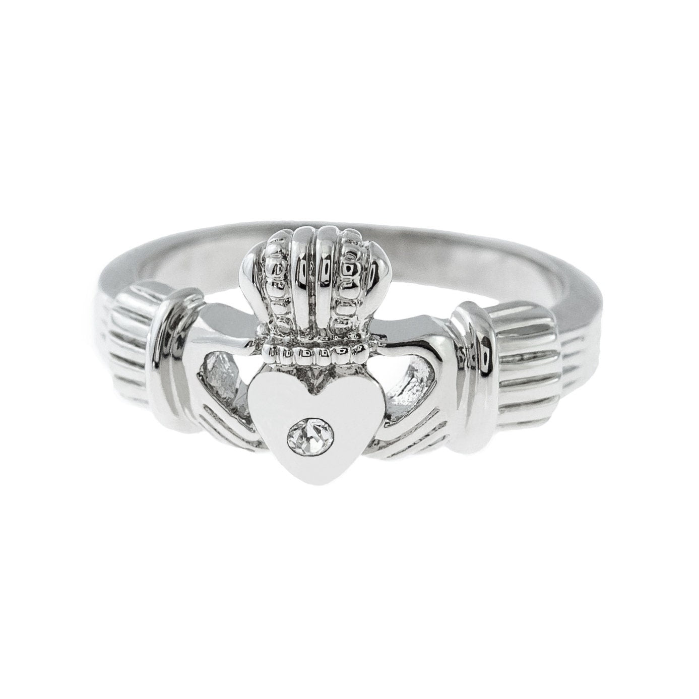 Vintage 1980s Clear Austrian Crystal Claddagh Ring - 18k White Gold Electroplated - Made in USA jewelry image 1