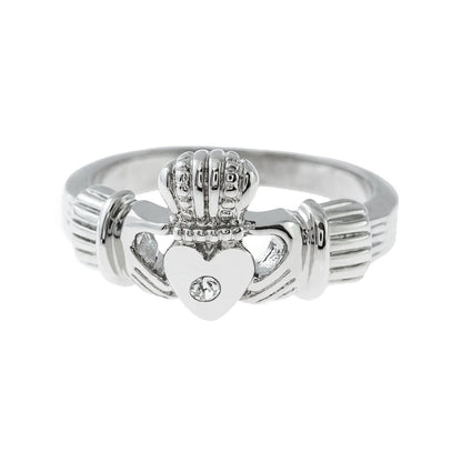 Vintage 1980s Clear Austrian Crystal Claddagh Ring - 18k White Gold Electroplated - Made in USA jewelry image 1