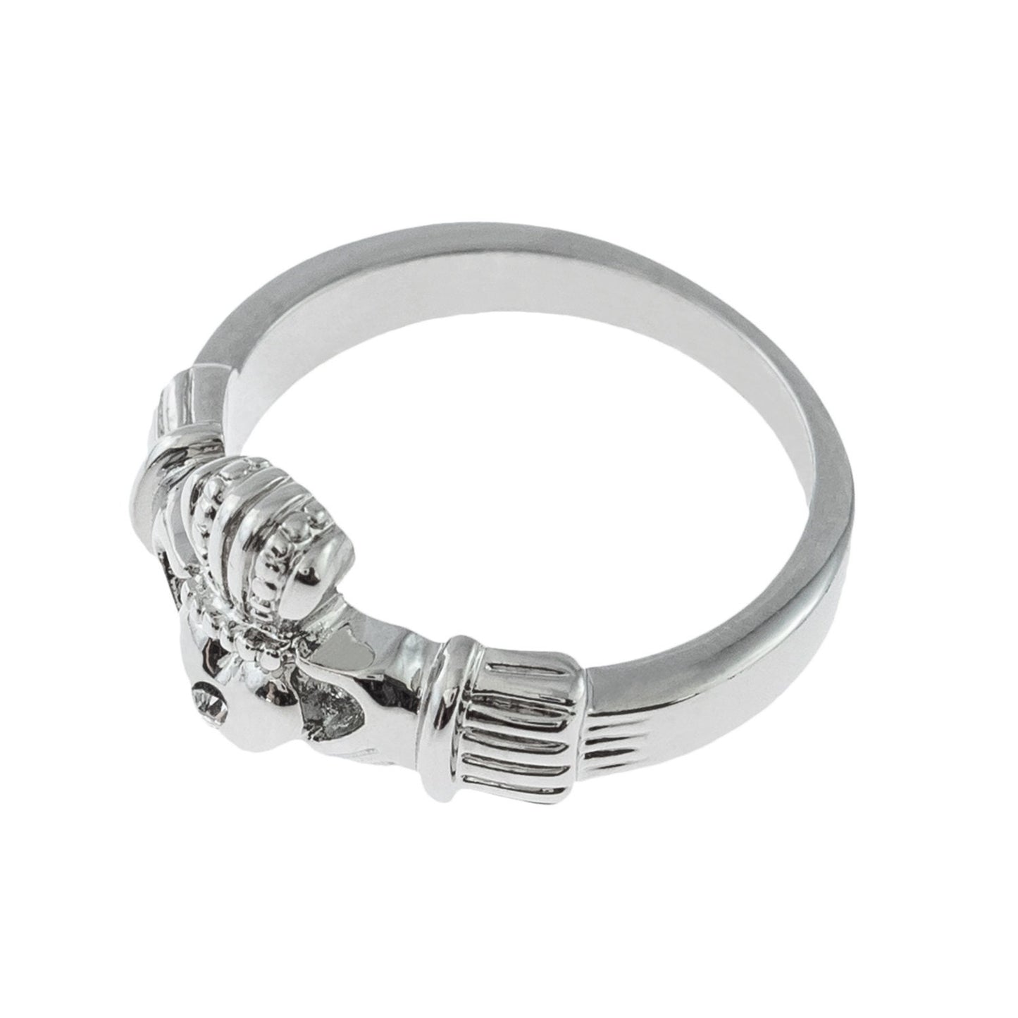 Vintage 1980s Clear Austrian Crystal Claddagh Ring - 18k White Gold Electroplated - Made in USA jewelry image 1