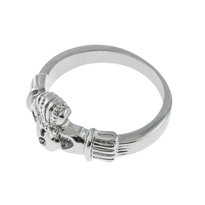 Vintage 1980s Clear Austrian Crystal Claddagh Ring - 18k White Gold Electroplated - Made in USA jewelry image 1