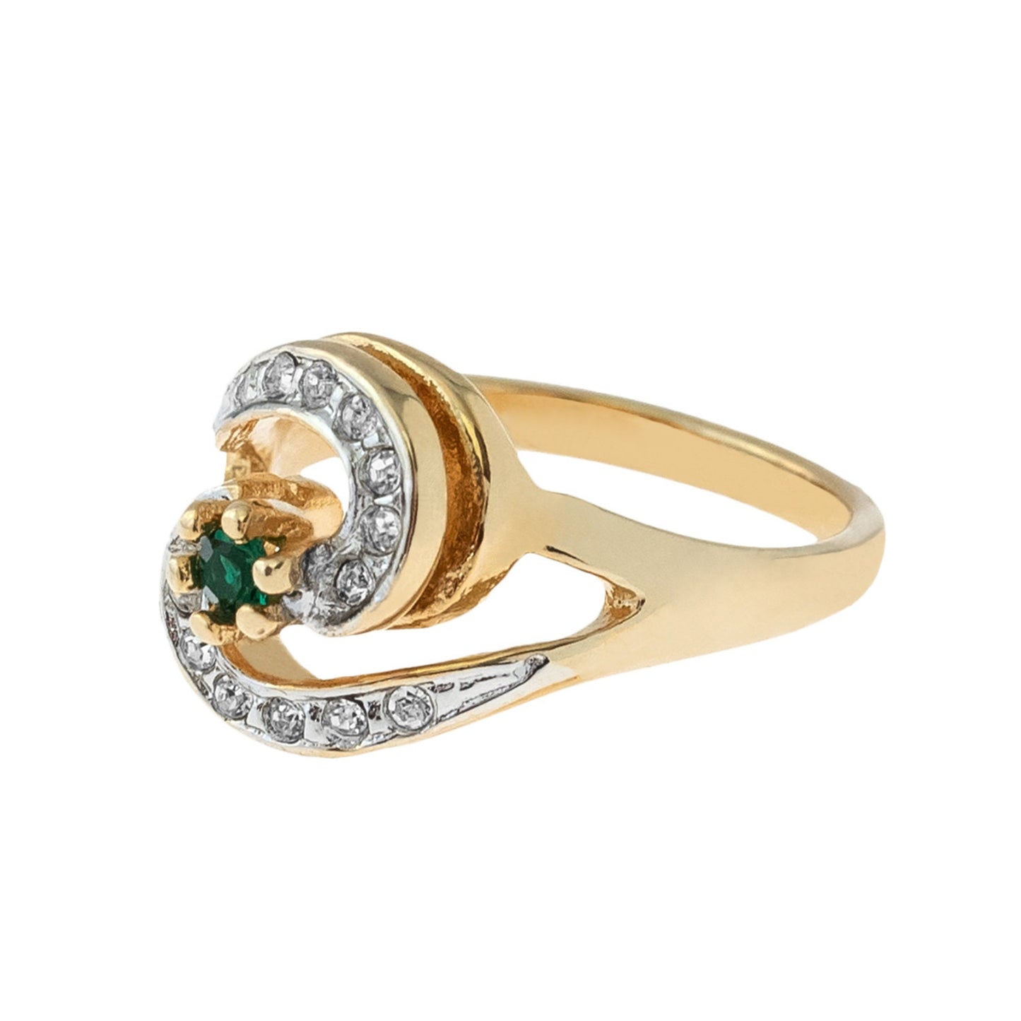 Vintage 18k Gold Plated Emerald Cubic Zirconia S-Shape Ring with Clear Austrian Crystals - Made in USA jewelry image 1