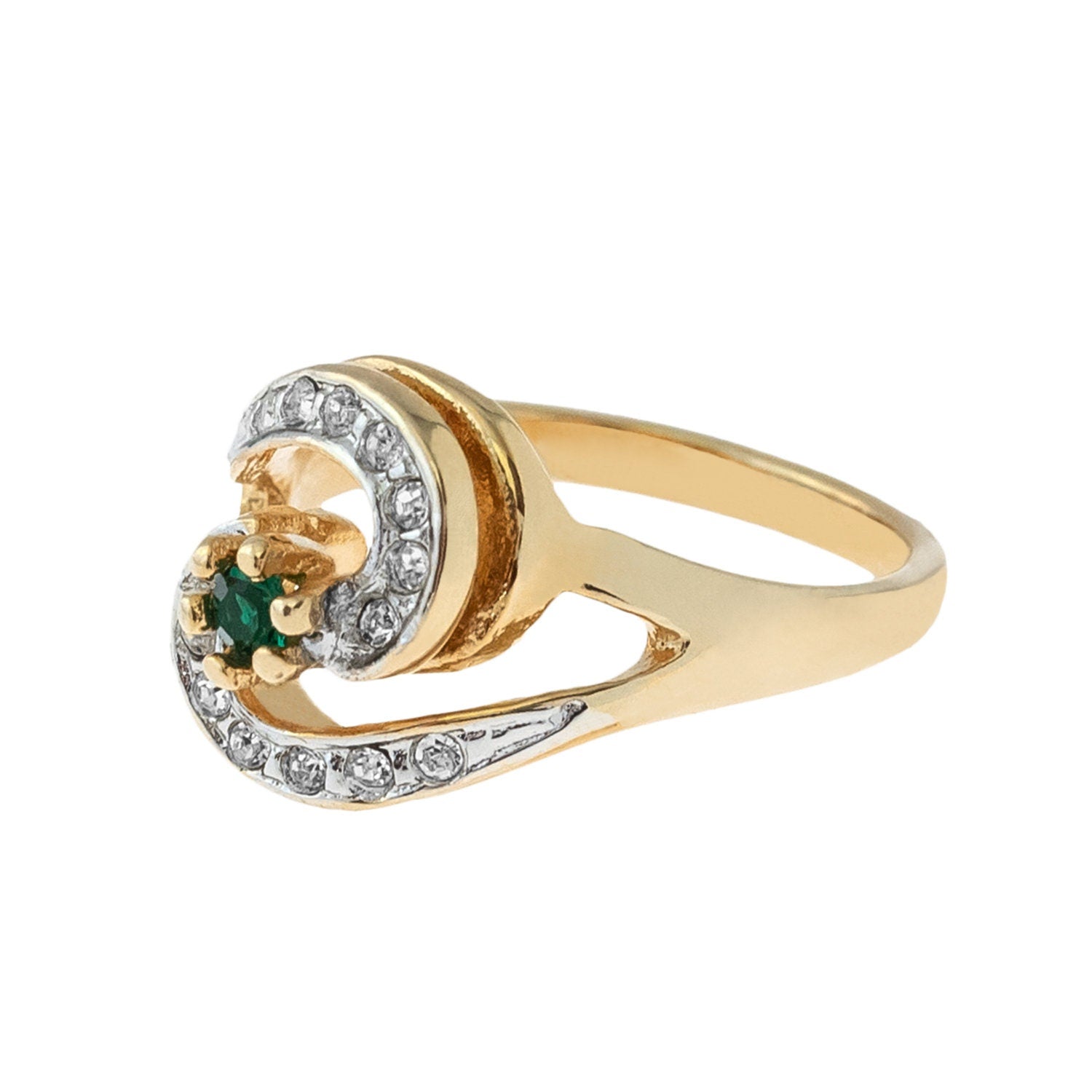 Vintage 18k Gold Plated Emerald Cubic Zirconia S-Shape Ring with Clear Austrian Crystals - Made in USA jewelry image 1