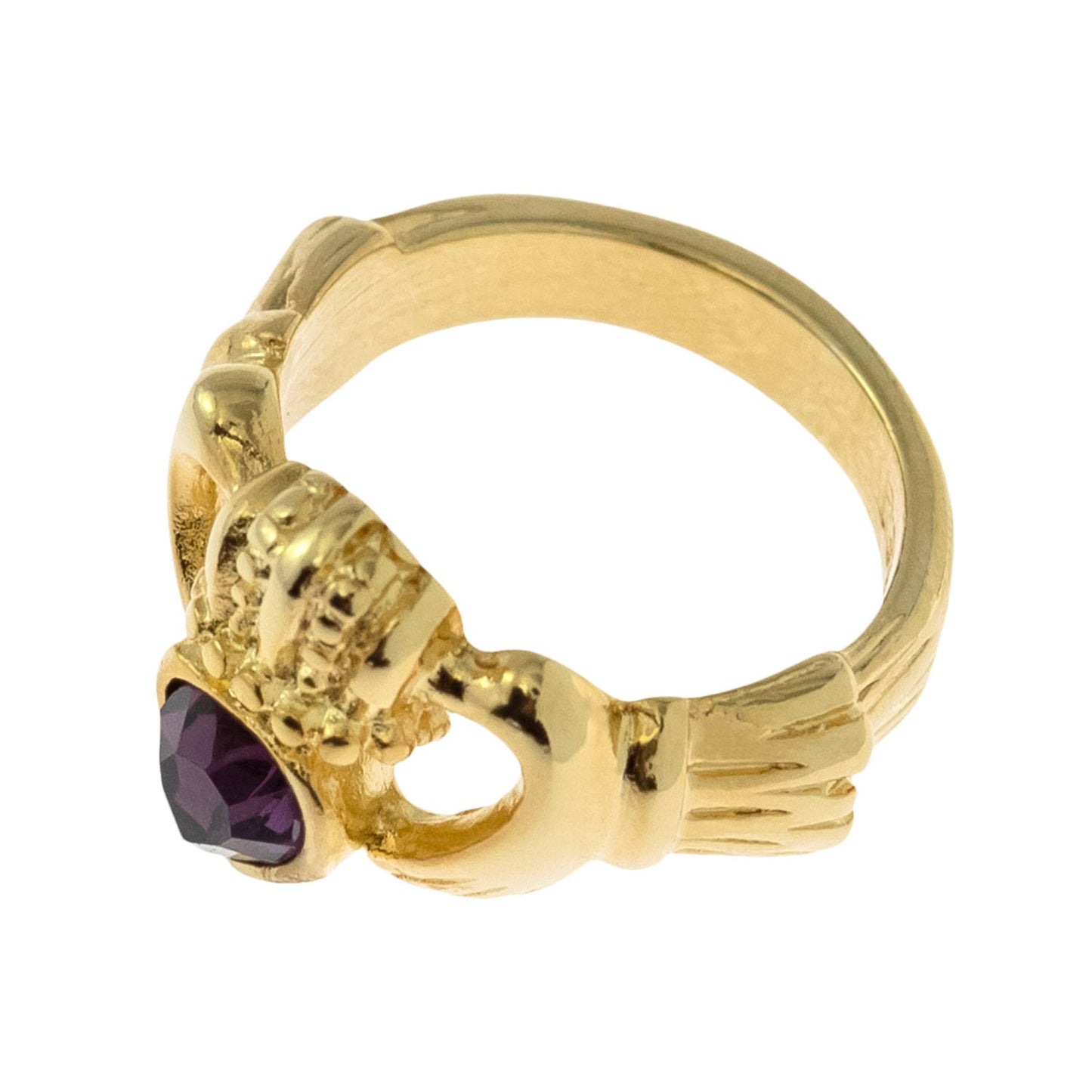 Vintage 1980s Amethyst Austrian Crystal Claddagh Ring - 18k Yellow Gold Electroplated jewelry image 1