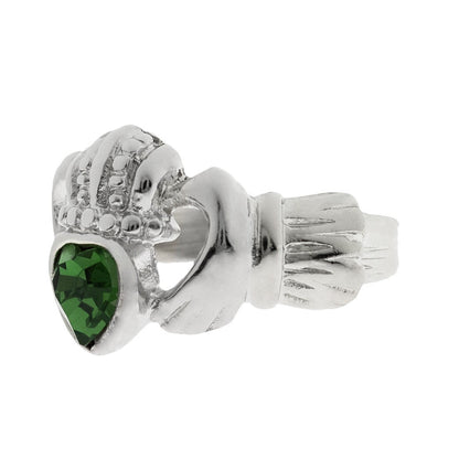 Vintage 1980s Green Tourmaline Austrian Crystal Claddagh Ring - 18k White Gold Electroplated jewelry image 1