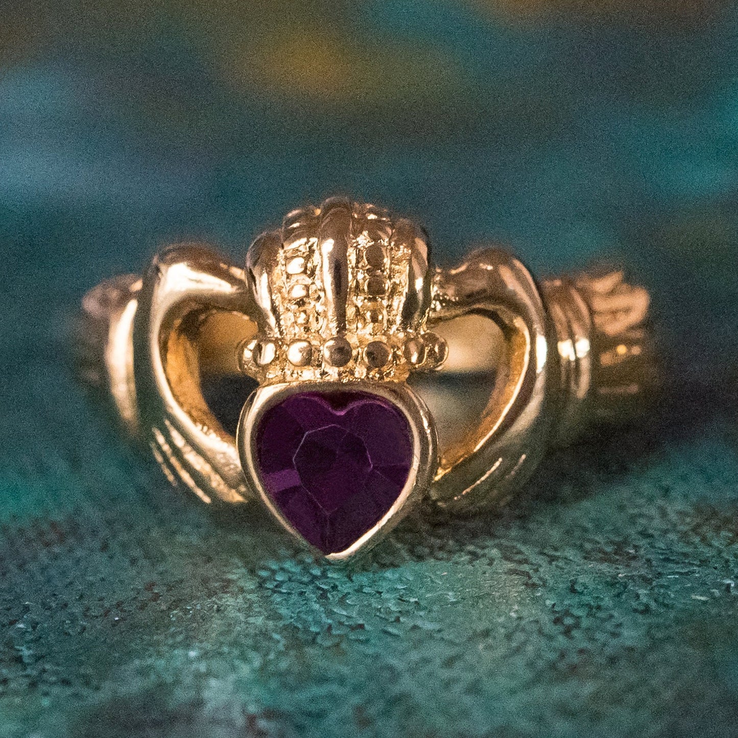 Vintage 1980s Amethyst Austrian Crystal Claddagh Ring - 18k Yellow Gold Electroplated jewelry image 1