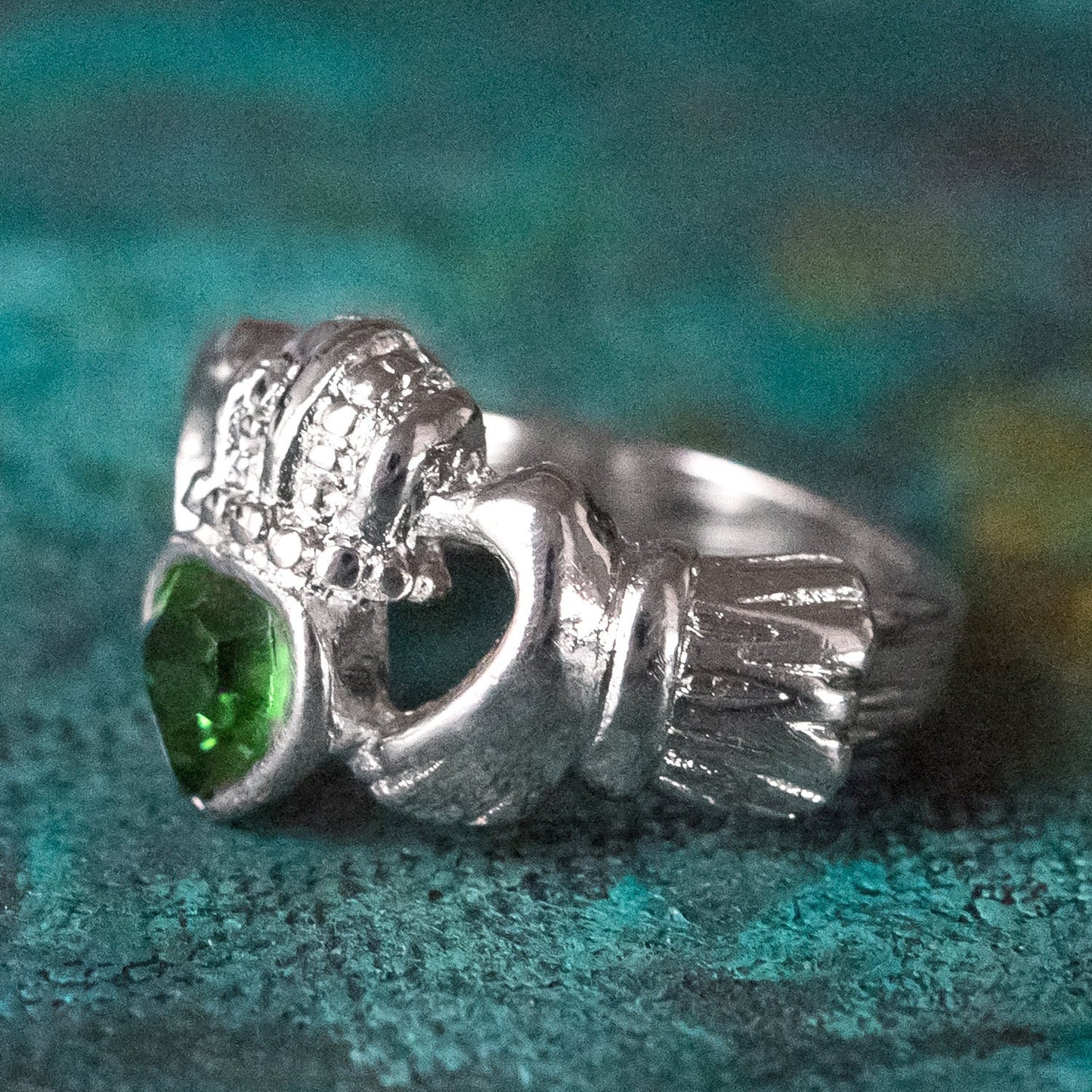 Vintage 1980s Green Tourmaline Austrian Crystal Claddagh Ring - 18k White Gold Electroplated jewelry image 1