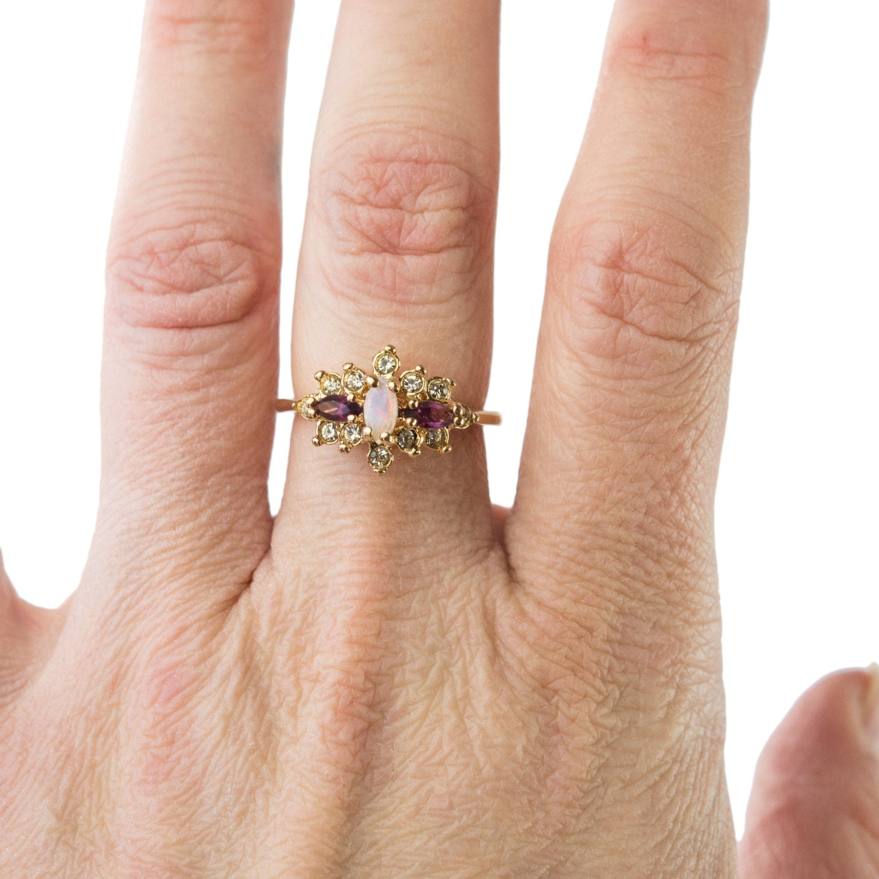 Vintage Victorian Style Genuine Opal and Amethyst Crystal Cluster Ring - 18k Yellow Gold Electroplated - Made in USA jewelry image 1