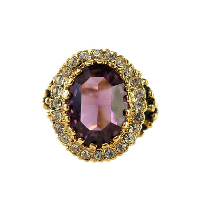 Vintage Amethyst and Clear Austrian Crystal 18k Gold Electroplated Cocktail Ring - Made in USA jewelry image 1