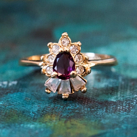 Vintage 1990s Amethyst and Clear Austrian Crystal 18k Gold Electroplated Cocktail Ring jewelry image 1
