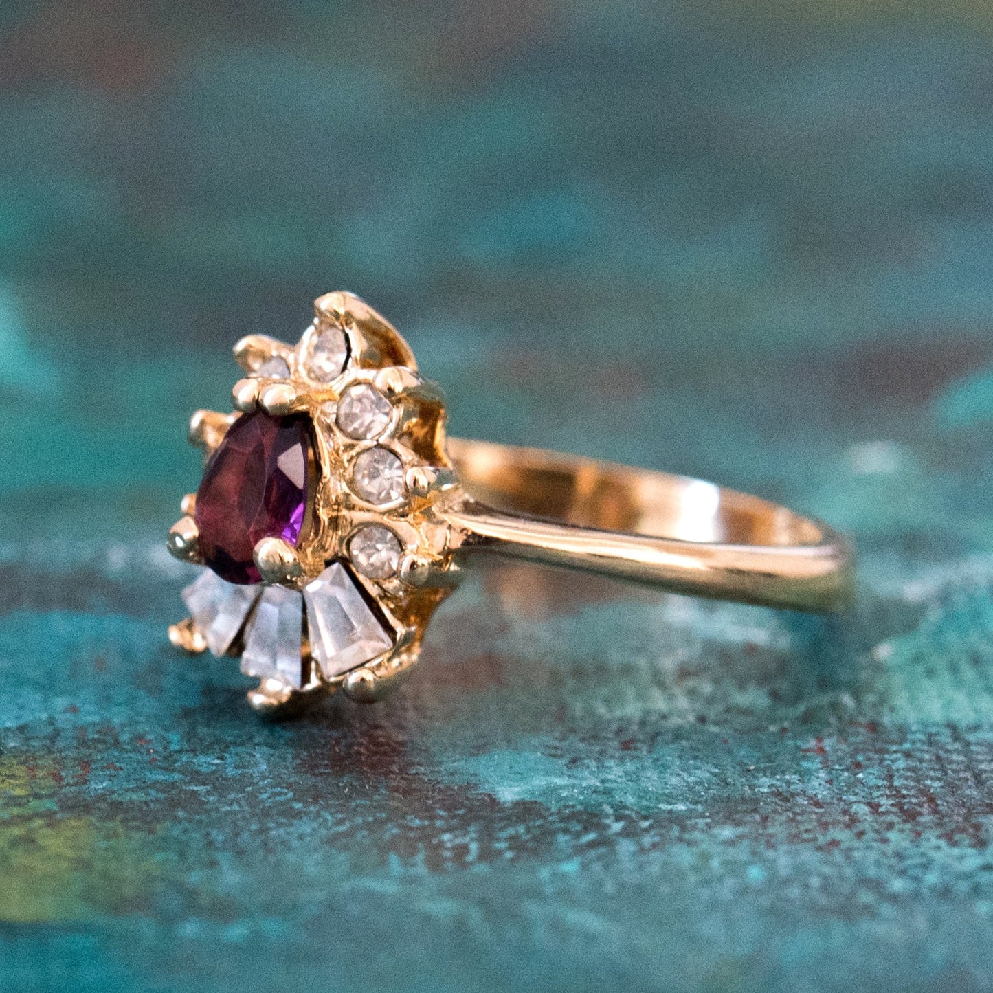 Vintage 1990s Amethyst and Clear Austrian Crystal 18k Gold Electroplated Cocktail Ring jewelry image 1