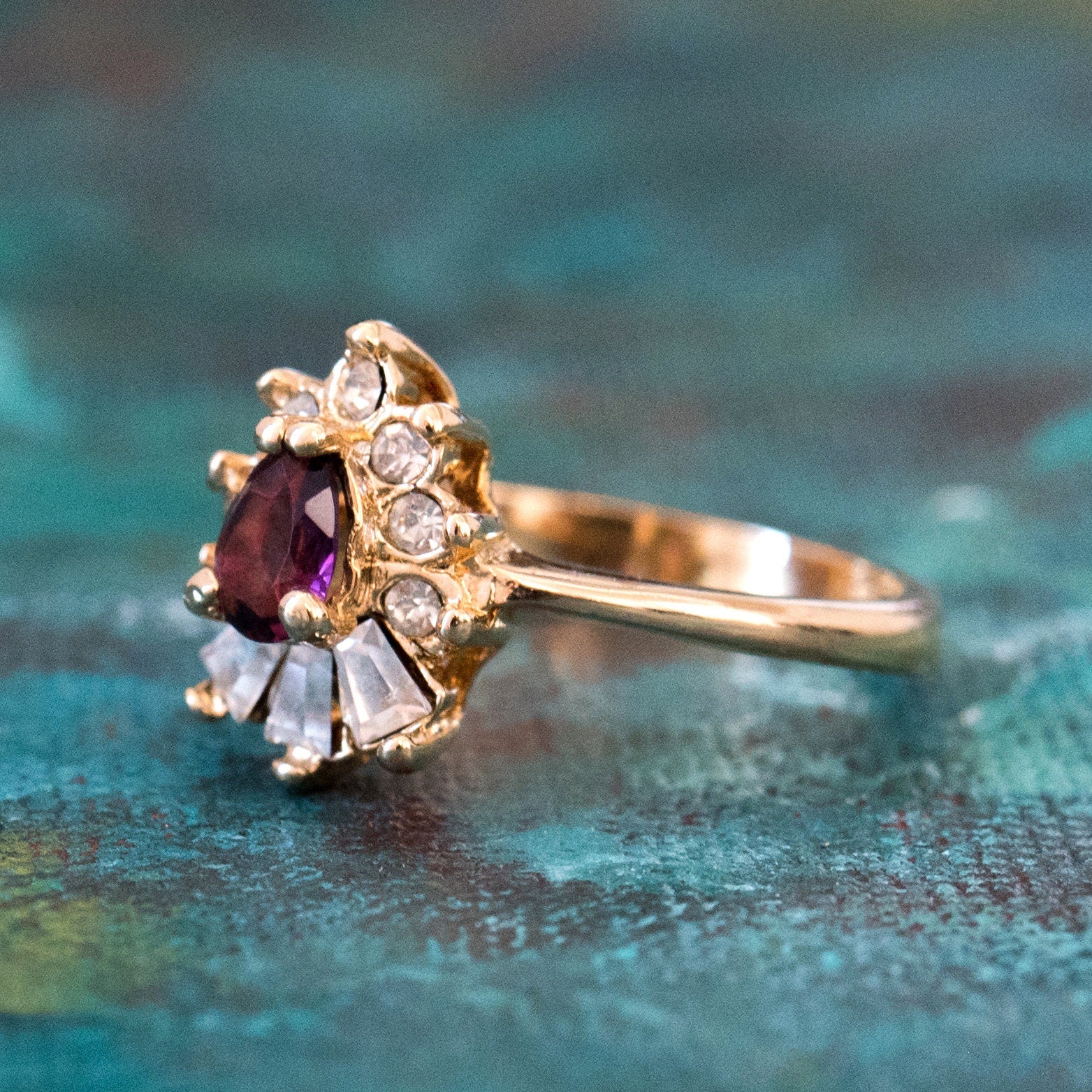 Vintage 1990s Amethyst and Clear Austrian Crystal 18k Gold Electroplated Cocktail Ring jewelry image 1