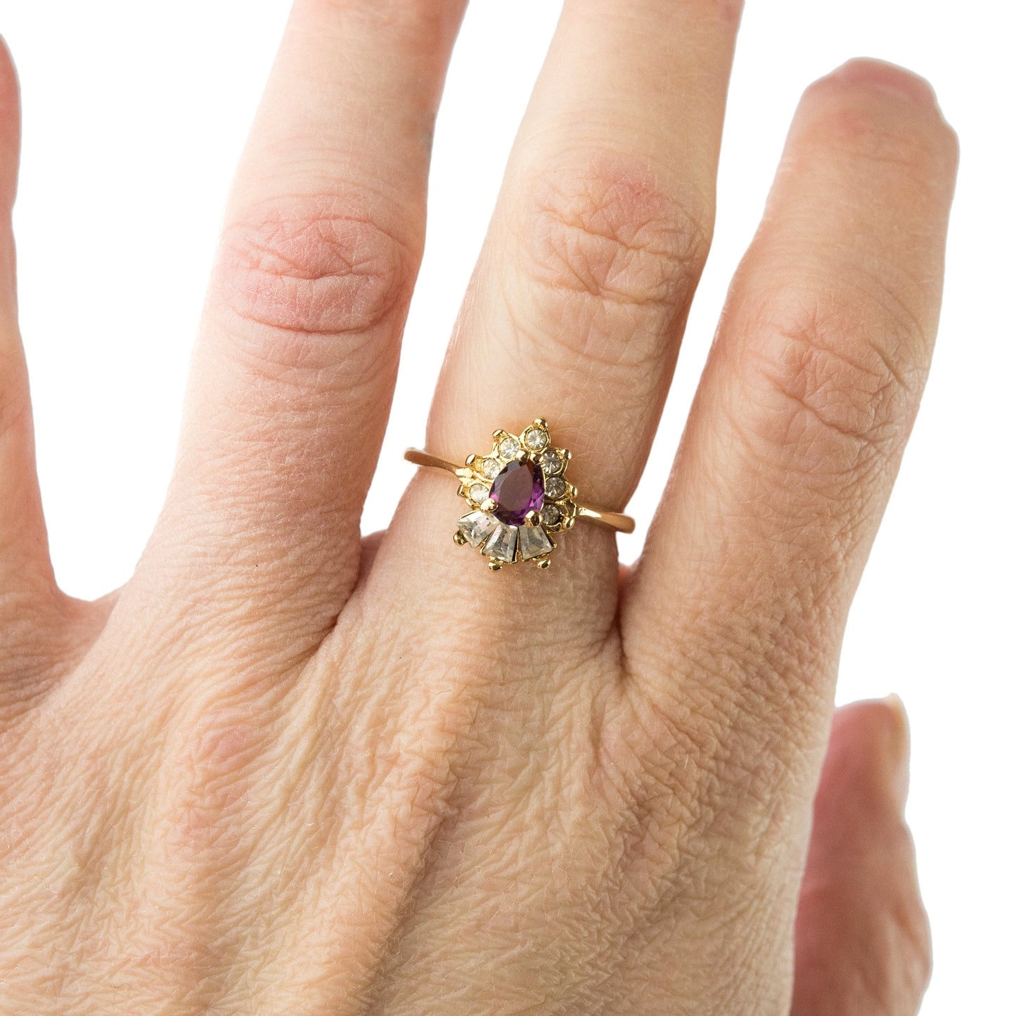 Vintage 1990s Amethyst and Clear Austrian Crystal 18k Gold Electroplated Cocktail Ring jewelry image 1