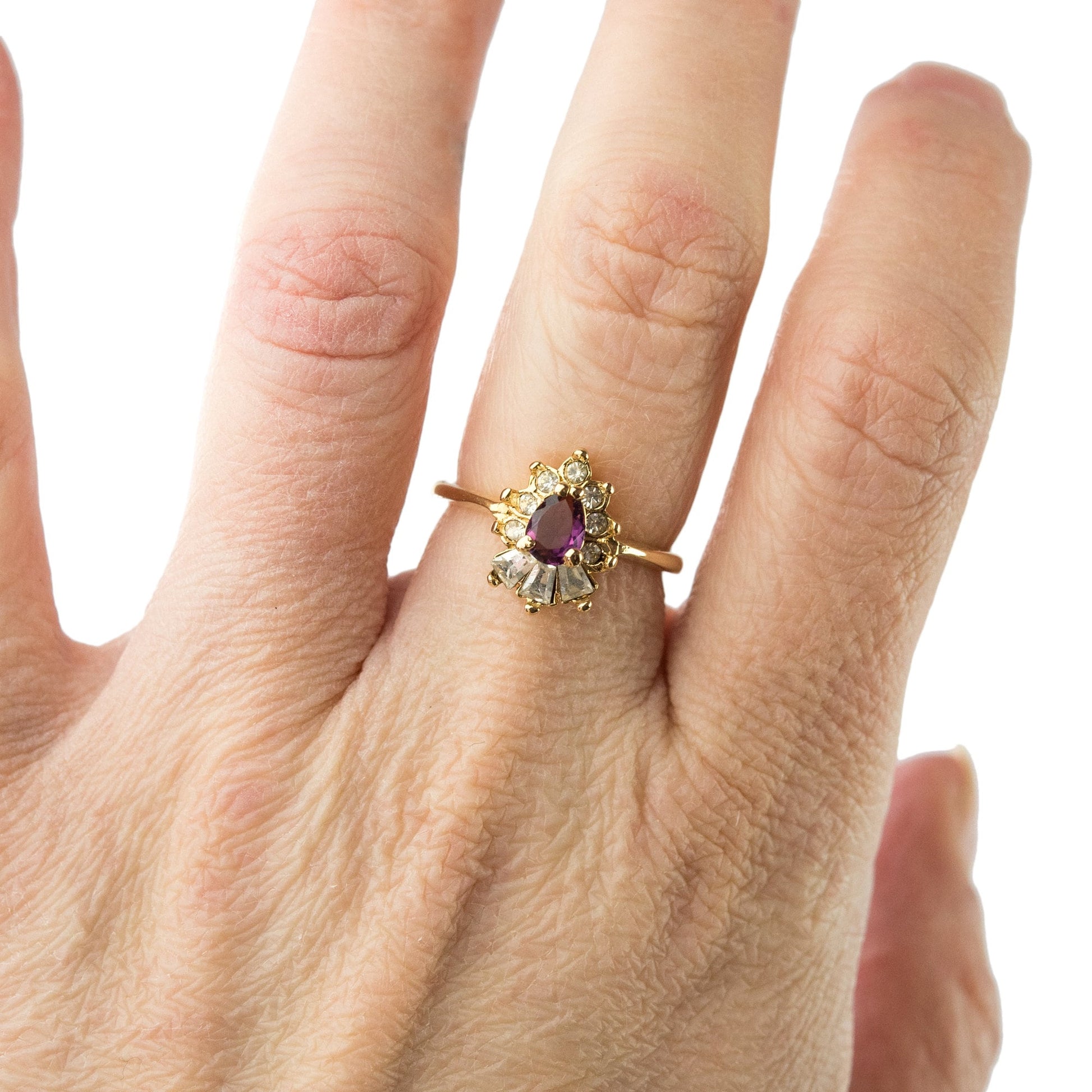 Vintage 1990s Amethyst and Clear Austrian Crystal 18k Gold Electroplated Cocktail Ring jewelry image 1