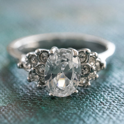 Vintage 1980s Clear Cubic Zirconia Oval Ring – 18kt White Gold Electroplated – Made in USA jewelry image 1