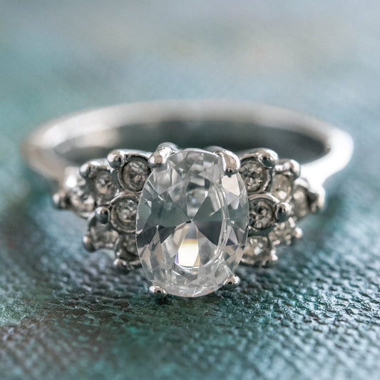 Vintage 1980s Clear Cubic Zirconia Oval Ring – 18kt White Gold Electroplated – Made in USA jewelry image 1