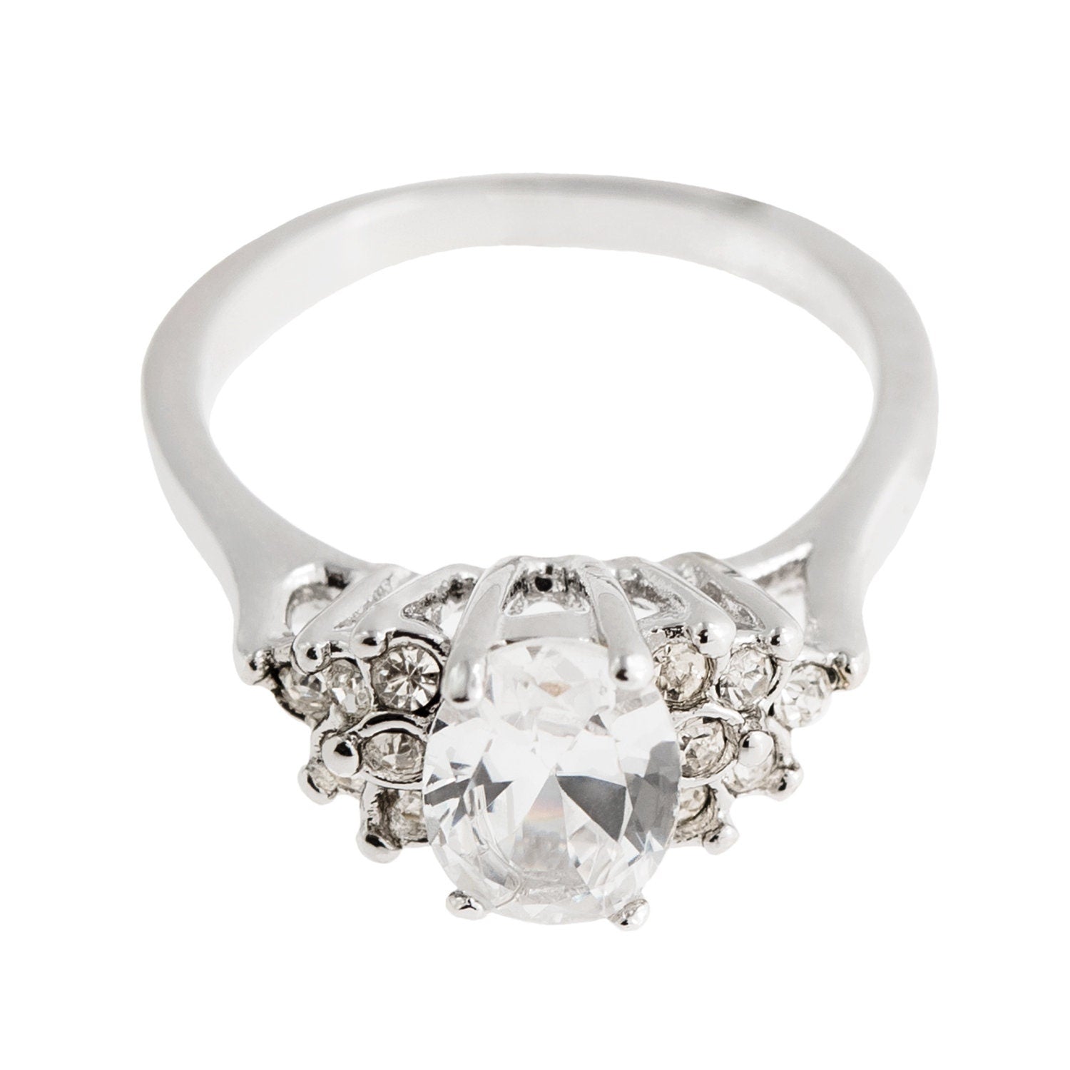 Vintage 1980s Clear Cubic Zirconia Oval Ring – 18kt White Gold Electroplated – Made in USA jewelry image 1