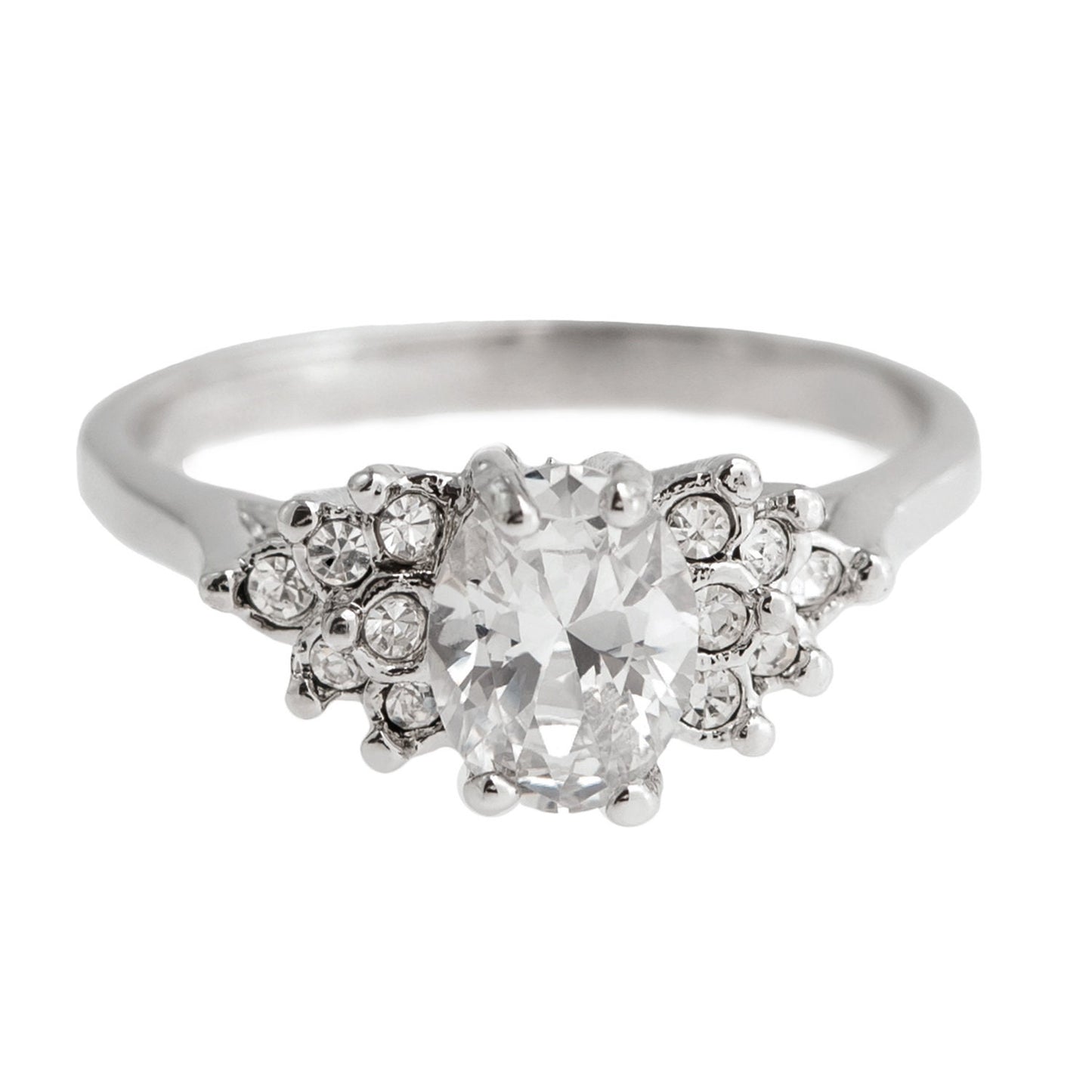 Vintage 1980s Clear Cubic Zirconia Oval Ring – 18kt White Gold Electroplated – Made in USA jewelry image 1