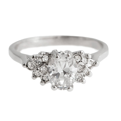 Vintage 1980s Clear Cubic Zirconia Oval Ring – 18kt White Gold Electroplated – Made in USA jewelry image 1