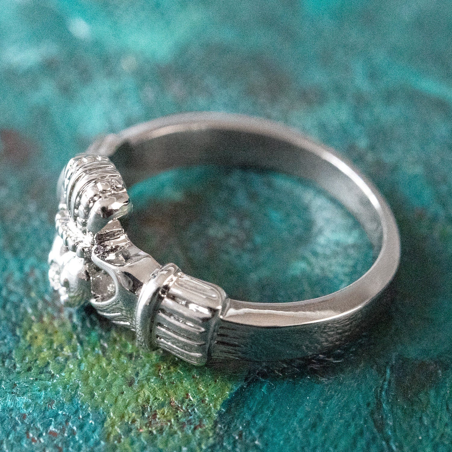Vintage 1980s Clear Austrian Crystal Claddagh Ring - 18k White Gold Electroplated - Made in USA jewelry image 1
