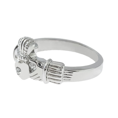 Vintage 1980s Clear Austrian Crystal Claddagh Ring - 18k White Gold Electroplated - Made in USA jewelry image 1