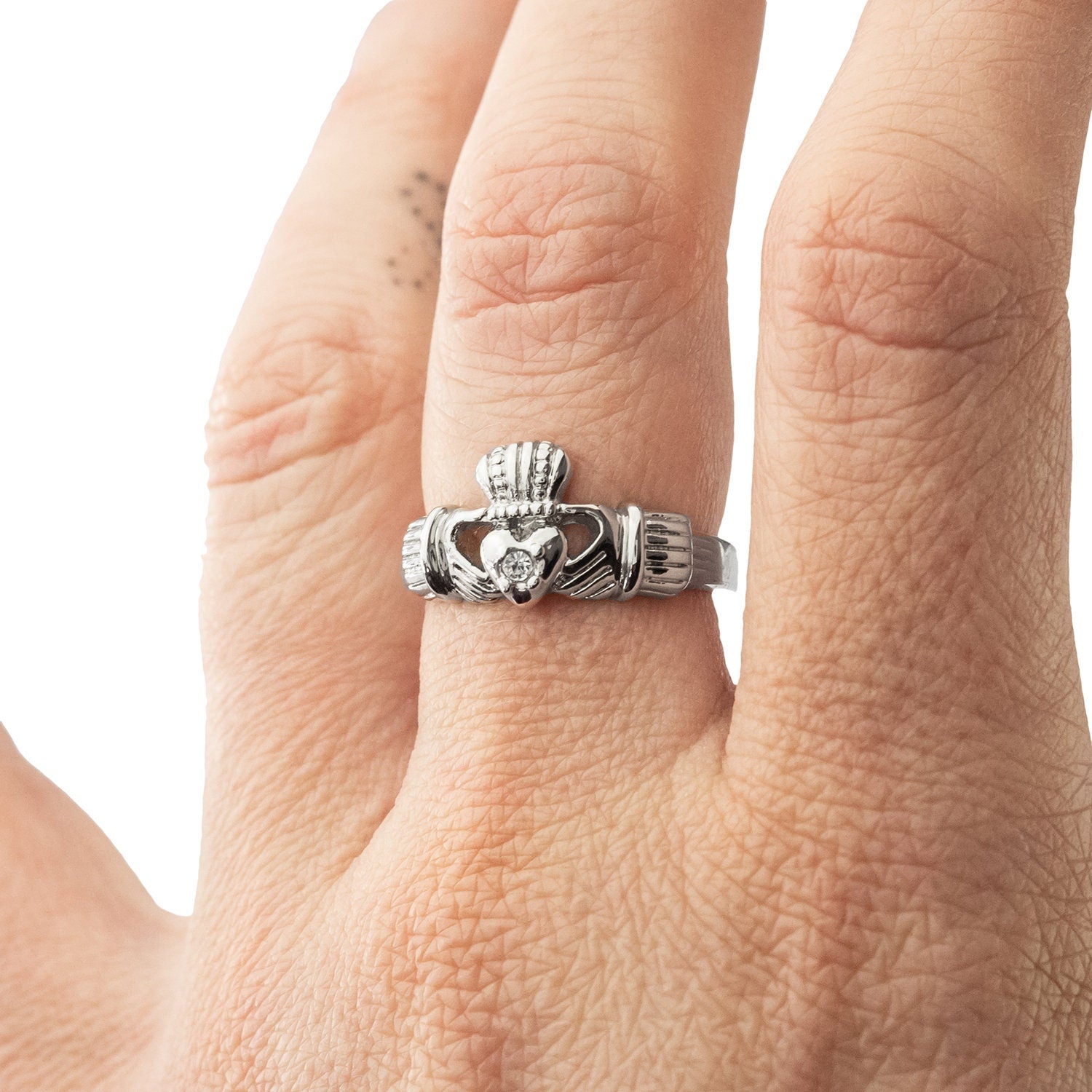 Vintage 1980s Clear Austrian Crystal Claddagh Ring - 18k White Gold Electroplated - Made in USA jewelry image 1