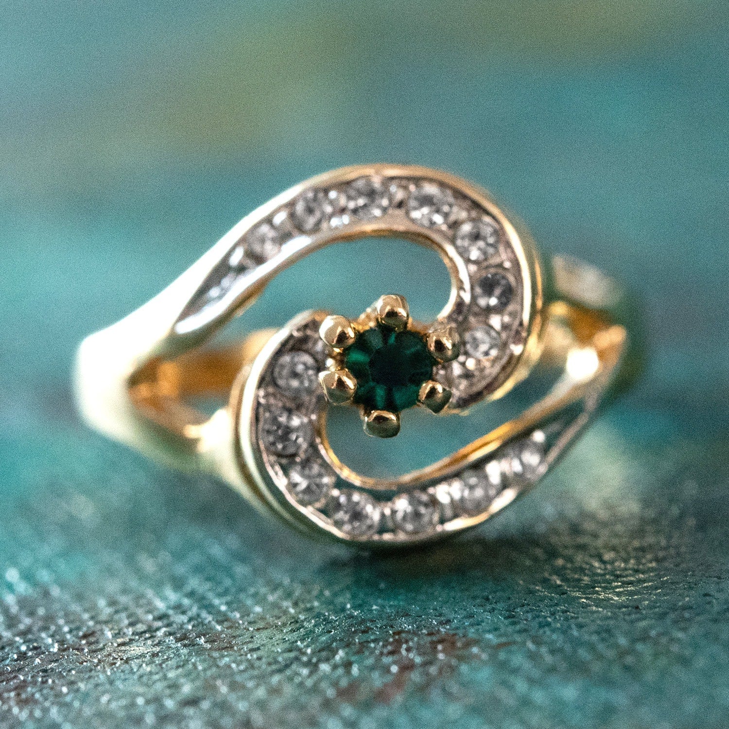 Vintage 18k Gold Plated Emerald Cubic Zirconia S-Shape Ring with Clear Austrian Crystals - Made in USA jewelry image 1