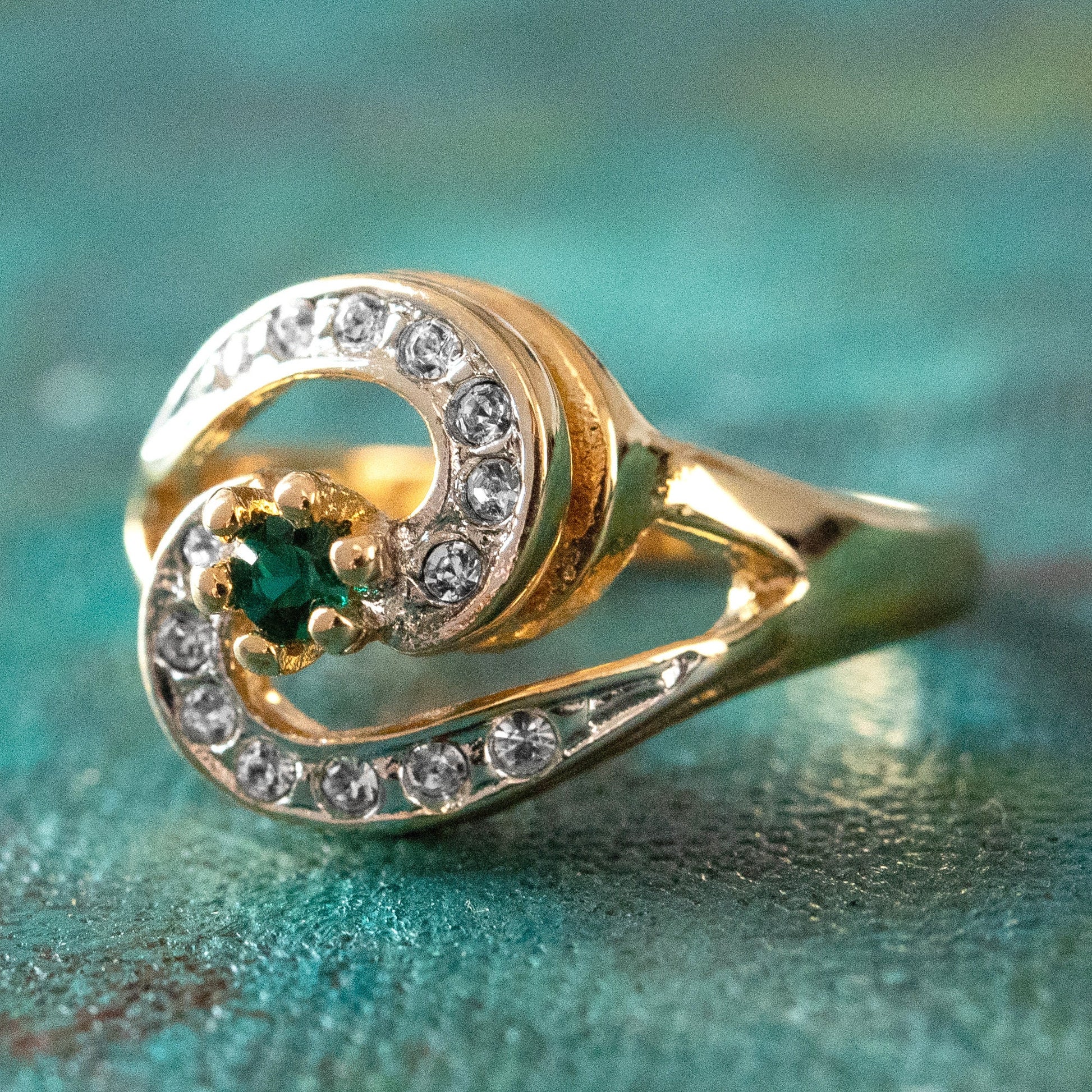 Vintage 18k Gold Plated Emerald Cubic Zirconia S-Shape Ring with Clear Austrian Crystals - Made in USA jewelry image 1