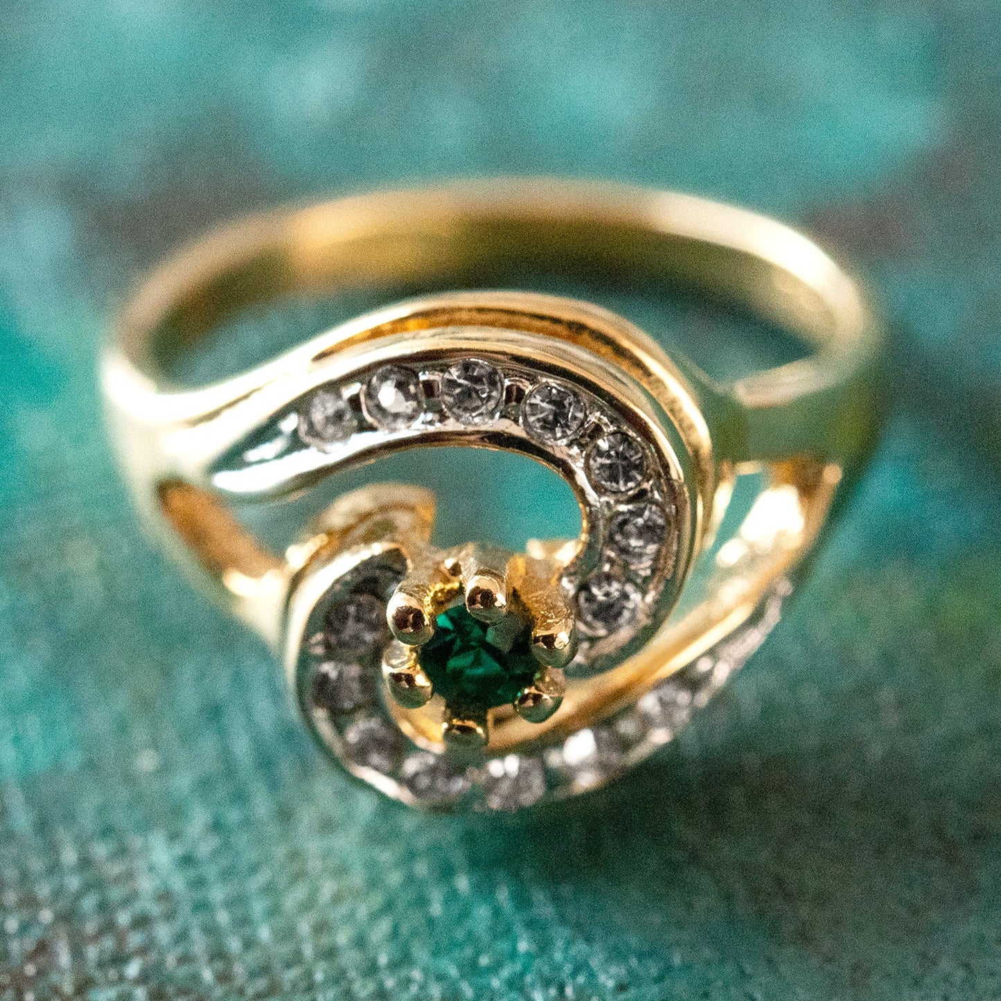 Vintage 18k Gold Plated Emerald Cubic Zirconia S-Shape Ring with Clear Austrian Crystals - Made in USA jewelry image 1